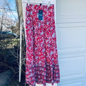 NWT Chaps Pretty Red White Blue Floral Lined Tiered Elastic Waist Midi Skirt